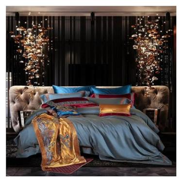 Imagem de KYTGFH Jogo de cama luxuoso de brocado jacquard algodão egípcio patchwork capa de edredom bordado dragão dourado bandeira cama lençol ou colcha, edredom para todas as estações, uma cor, tamanho Queen
