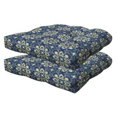 Imagem de Honeycomb Essentials Conjunto de almofada de assento tufado ao ar livre, 48 cm x 45 cm, Medalhão Medina Azul Pacífico para cadeira de pátio
