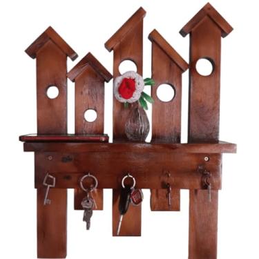 Imagem de Porta-Chaves de Parede Decorativo em Madeira Imbuia, Design Casinhas, 37 x 52 cm, 5 Ganchos