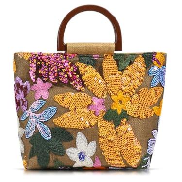 Imagem de QTKJ Sacola feminina, exclusiva bolsa de palha bordada com alça de madeira, bolsa quadrada para ocasiões importantes, trabalho, viagem (laranja), Laranja, One Size