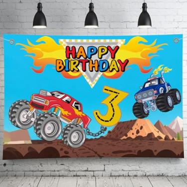 Imagem de Monster Truck Birthday Backdrop for Boys - 5x3 Feet Photography Background with Trucks & Cars, Happy Birthday Banner for Kids Party Decor, Photo Booth Studio Props