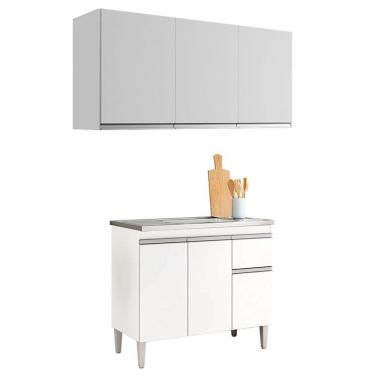 Imagem de Balcão de Pia Tatiane 100cm e Armário Aéreo Andréia 3 Portas Branco Brilho - AJL