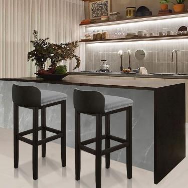 Imagem de Kit 2 Banquetas Luxo Alta Onix - Base Em Madeira Maciça - Estofado Em Linho Com Composê No Corino