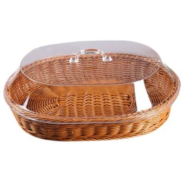 Imagem de Cesta de vime de 35 x 24 x 12 cm. Cesta de vime de imitação com tampa, cesta de tecido oval, cestas de pão para servir cesta de frutas para piquenique de vegetais, restaurante, cozinha