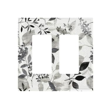 Imagem de Ujkrvesj Branco cinza folha de eucalipto 2 gangues duas capas decorativas para interruptor de luz floral placas de parede elétricas placa frontal para quarto, banheiro, casa