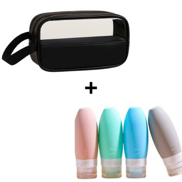 Imagem de Kit Viagem 4 Frascos Silicone Porta Creme Shampoo 90ml + Bolsa Necessaire Estojo Organizador Para Cosméticos