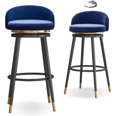 Imagem de Conjunto De 2 Bancos De Bar De Cozinha Cadeiras De Bar Giratórias De 360° Com Assento Estofado Macio, Pernas De Metal Carrega Até 200kg, 65cm, Blue, Black