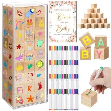 Imagem de Tenceur 104 peças de jogos florais legais para chá de bebê, incluindo decorar um bloco de sinal de jogo com caixa de acrílico, 54 peças, bloco de madeira em branco, 48 peças, marcador de tinta