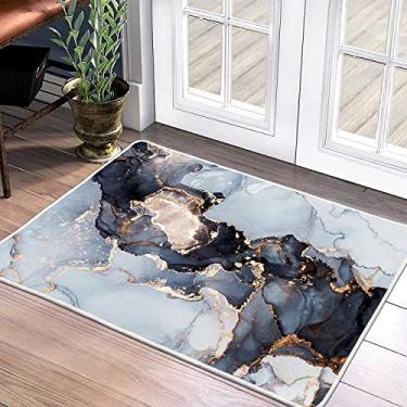 Imagem de Tapete de área pequena abstrato moderno - Tapete de porta 2x3 tapete de entrada pequeno tapete de textura de mármore abstrato moderno luxuoso, tapete antiderrapante lavável de pilha baixa para banheiro cozinha lavanderia decoração (azul/ouro)