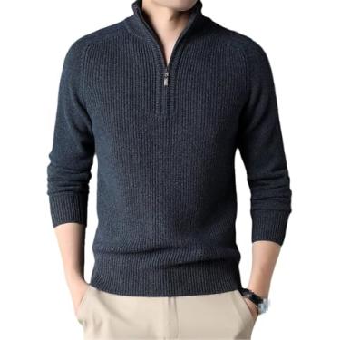 Imagem de Suéter De Lã Para Homens Com Gola Alta De Inverno Quente Com Zíper Térmico De Cor Sólida Pulôver Com Zíper Quarter Zip Roupas Masculinas, Green Black, 3XL