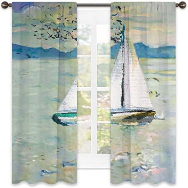 Imagem de Cortina isolada de sombreamento artístico, composição de pincelada aquarela, pássaros, barco, veleiro, iate, pássaros, aquarela, cortinas blackout com absorção de som para sala de jantar/decoração de