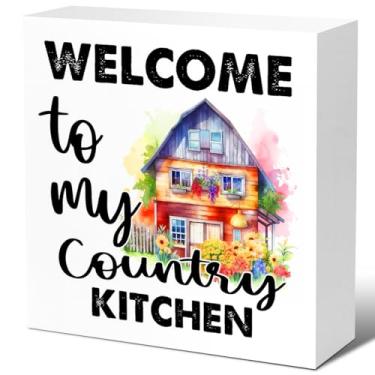 Imagem de Placas de bloco de madeira de cozinha rústica, Welocme To My Country Placa de caixa de madeira para sala de jantar Kichen, decoração de mesa, placa de cozinha de fazenda decoração para balcão de prateleira V653
