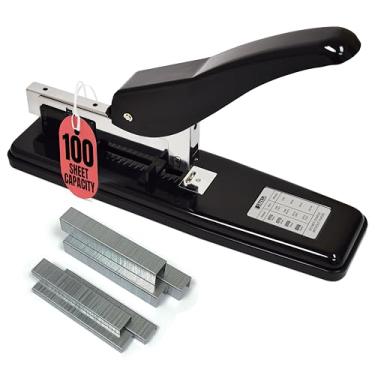 Imagem de Better Office Products Grampeador comercial resistente com 2.000 grampos, aço polido preto, alta capacidade de 100 folhas, alavanca ergonômica arredondada e base de estabilidade pesada, grampeador