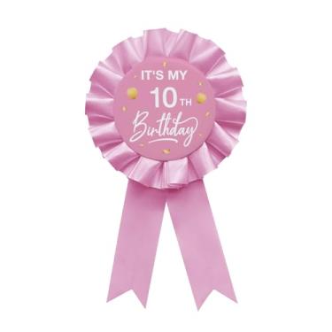 Imagem de YHEZXUN It's My 10th Birthday Tinplate Badge Pin Pink Satin Fabric 10 Year Old Birthday Themed Button Pin Party Decorations Award Ribbon Badge
