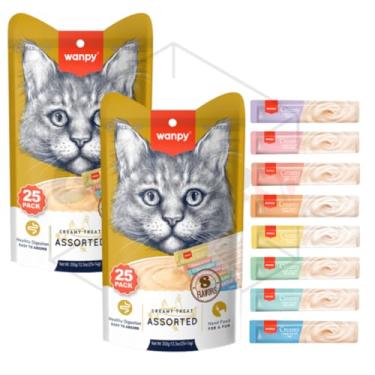 Imagem de Petisco para gatos Wanpy Truly Creamy Sabores Sortidos Pacote com 25 tubos de 14g - Kit 2 Pacotes 50 tubos - 700g