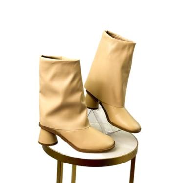 Imagem de Bota Feminina Cano Médio, Couro Creme, Salto 4.5cm, Estilo Militar, Sola Tratorada (CREME, BR, Adulto, Numérico, 36)