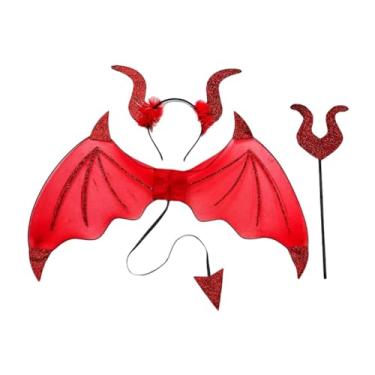 Imagem de predolo Conjunto de 3 fantasias de Halloween, vestido elegante, asas, chifres de diabo e garfo para dramatização, carnaval, brincadeira de faz de conta