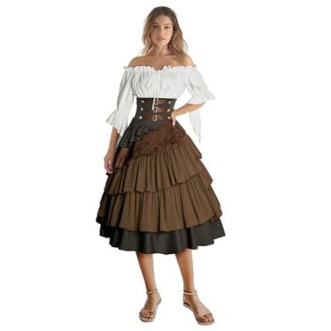 Imagem de IWQBQ Women's Pirate Costume Retro Renaissance Cosutmes Women Layered Ruffle Viking Outfit Set(Z2886BNST,XL)