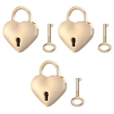 Imagem de 3 peças mini cadeado de coração com chave, pequeno cadeado em forma de coração, fechaduras douradas para diário, caixa de joias, caixa de armazenamento, fechadura de chaveiro, cadeado de metal dourado