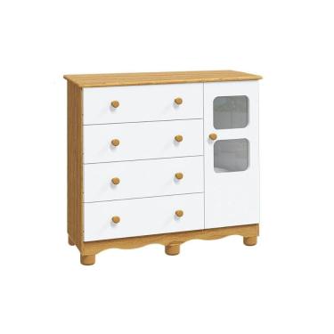 Imagem de Cômoda Bebê Uli c/ 1 Porta Cristal e 4 Gavetas Branco/Amendoa - Peroba