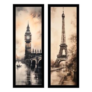Imagem de Kit 2 Quadros Quarto, Sala, Escritório, Paris, Londres Vidro (Preto)