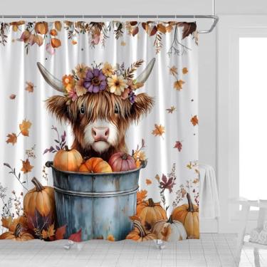 Imagem de UOZXOML Cortina de chuveiro de vaca Fall Highland Engraçada Gado Outono Abóbora Folhas de Bordo Girassol Casa de Fazenda Animal Ação de Graças Colheita Planta Tecido Aquarela Decoração de Banheiro