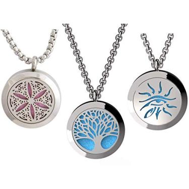 Imagem de Wild Essentials Conjunto de 3 colares, árvore da vida, flor da vida, olho da sabedoria, pingentes de aço inoxidável, correntes de 61 cm, 36 blocos, mudança de cor, medalhão de perfume, difusor de óleo