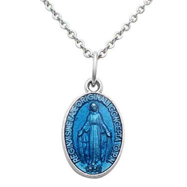 Imagem de Rosemarie Collections Colar feminino Something Blue For The Bride Blessed Mary Miraculous Enamel Medalha Religiosa Cristã, 45,7 cm, Peltre, Esmalte