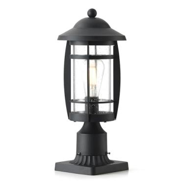 Imagem de GOALPLUS Poste de luz externa preto fosco de 36,8 cm com suporte de cais - Poste de lâmpada externo moderno à prova d'água com sombra de vidro semeado para iluminação de caminho, entrada de garagem e