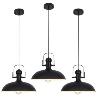 Imagem de GUIHUALOVE Pacote com 3 luzes pendentes pretas, cúpulas pendentes, ilha de cozinha, 35 cm, pingente preto para casa de fazenda, luzes pendentes industriais para cozinha, celeiro, corredor, varanda