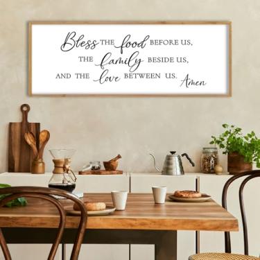 Imagem de LuZhiQiang Decoração de parede para sala de jantar 81 cm x 30 cm Bless The Food Before Us Placa de cozinha cristã com citação de família grata grande moldura de madeira católica arte para pendurar na