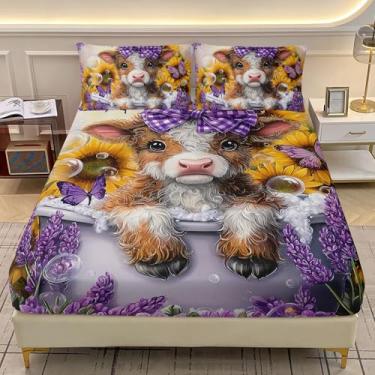 Imagem de AILONEN Jogo de lençol Queen de vaca kawaii com estampa de vaca kawaii, com estampa de animal ocidental, borboleta roxa e lavanda, 3 peças, lençol com elástico + 2 fronhas