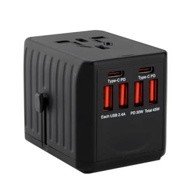 Imagem de Adaptador Universal de Viagem 36W com 4 USB e 2 USB-C Tomada com USB para Mais de 150 Países Carregamento Rápido 36W Entrada US, AU, UK e EU Smartphones, Tablets, e Notebooks