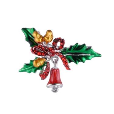 Imagem de Broche requintado de zircão de strass de liga de zinco de Natal, laço de folha de azevinho verde, broche de sino de Natal, joias de férias projetadas com strass vermelho, presentes masculinos e