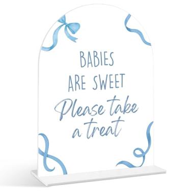 Imagem de Placa Babies Are Sweet Please Take a Treat - Placa de chá de bebê com laço azul, 1 pacote de placa de acrílico com suporte, decoração de mesa de festa reveladora de gênero, suprimentos de chá de bebê