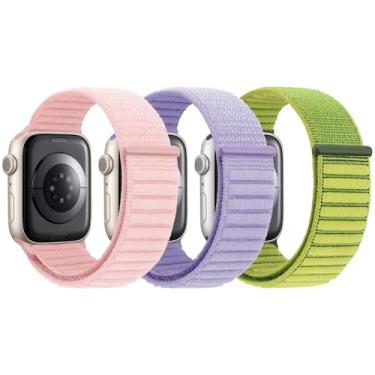 Imagem de Pulseira de nylon compatível com Apple Watch séries 9, 8, 7, 6, 5, 3, 2, 1 e SE, para meninos e meninas (42/44/45 mm, rosa pérola + verde campo + lilás)