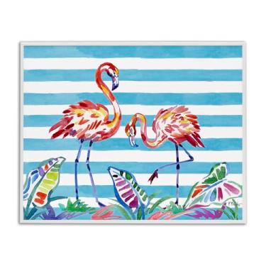 Imagem de Stupell Industries Design de arte giclée emoldurado branco com pincelada flamingos em listras por Paul Brent, 40 x 50 cm