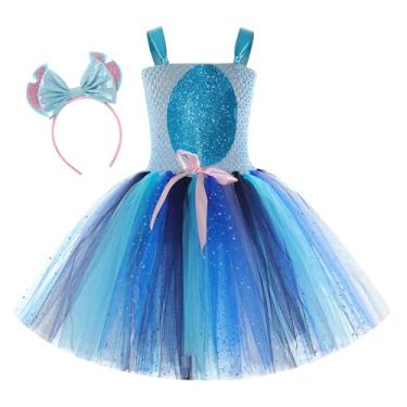 Imagem de OBEEII Girls Halloween Costume Toddler Kids Blue Sparkly Cosplay Stage Performance Ruffle Tutu Dress with Headband Square Neck Sleeveless Crochet Tulle Dress Up Party Outfit Royal Blue 8-9 Years