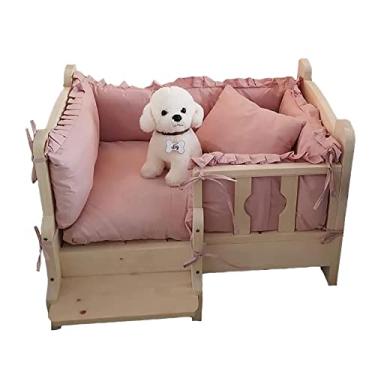 Imagem de OQOPO Dog House Cama para cães de madeira maciça Cama elevada para animais de estimação com cama e escadas, sofá-cama, canil, adequada para gatos e cães pequenos, cama dupla para cães