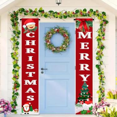 Imagem de BlissYard Banners de porta de Natal 30,5 x 188 cm placa de boas-vindas vermelho Papai Noel decorações de varanda de feliz Natal com flocos de neve e presentes para decoração de portas internas e