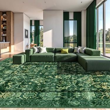 Imagem de Tapete extra grande verde escuro 25 x 35 cm para sala de estar, tapete lavável envelhecido para sala de jantar, quarto, antiderrapante, camada baixa e macio, decoração de casa de fazenda, escritório