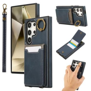 Imagem de Capa para Galaxy A55 5G com cordão curto, bolso para cartão de couro, capa tipo carteira, suporte de anel (para Galaxy A55 5G/azul)