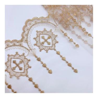Imagem de White/Beige/Black/Gold Cross Embroidery Lace Trim (17cm/23cm Width) - Polyester Mesh Fabric for Wedding Dresses, DIY Sewing, Lolita Skirts - 2 Yards(Gold)