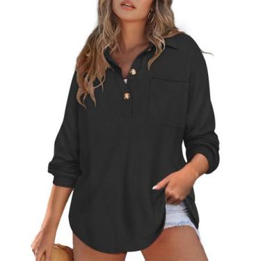 Imagem de Blusa feminina CARCOS plus size em malha de waffle Henley preta 2GG