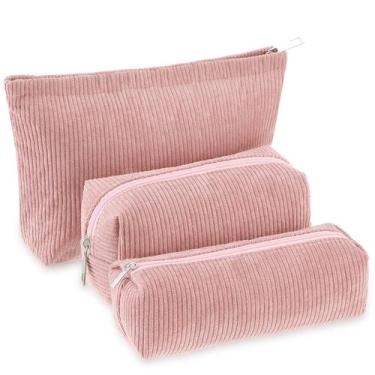 Imagem de Conjunto de bolsa de maquiagem Huhumy Corduroy Cosmetic Pouch rosa par