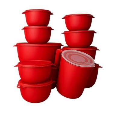 Imagem de Conjunto de 10 saladeiras ou 5 saladeiras + jarro de 1,8 litros Saladeiras de cozinha Recipientes plásticos para armazenamento de alimentos (5 potes + jarra vermelho)