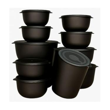 Imagem de Conjunto de 10 saladeiras ou 5 saladeiras + jarro de 1,8 litros Saladeiras de cozinha Recipientes plásticos para armazenamento de alimentos (5 potes + jarra preto)