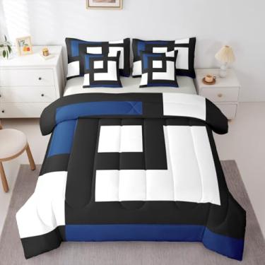 Imagem de Erosebridal Conjunto de edredom Queen listrado azul, preto e branco, para adultos, mulheres, homens, geométrico, quadrado, abstrato, em uma bolsa, moderno, geométrico, linhas ousadas, conjunto de cama