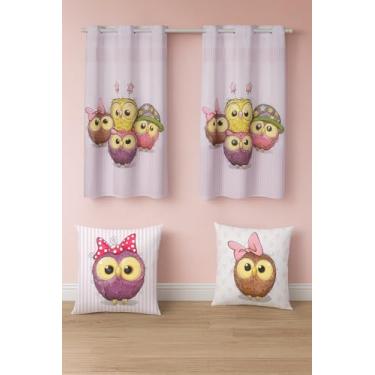 Imagem de Cortina Infantil Estampada 2m x 1,5m com 2 Capas de Almofada, Decorativa, Tecido Poliéster, para Quarto (CORUJINHA FOFINHA)