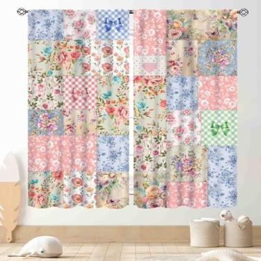 Imagem de Cortinas florais de patchwork, boho vintage primavera flor boêmio colorido rosa retrô costura boêmia blackout cortina de janela para sala de estar quarto cozinha banheiro 2 painéis, 106,7 cm x 114,3